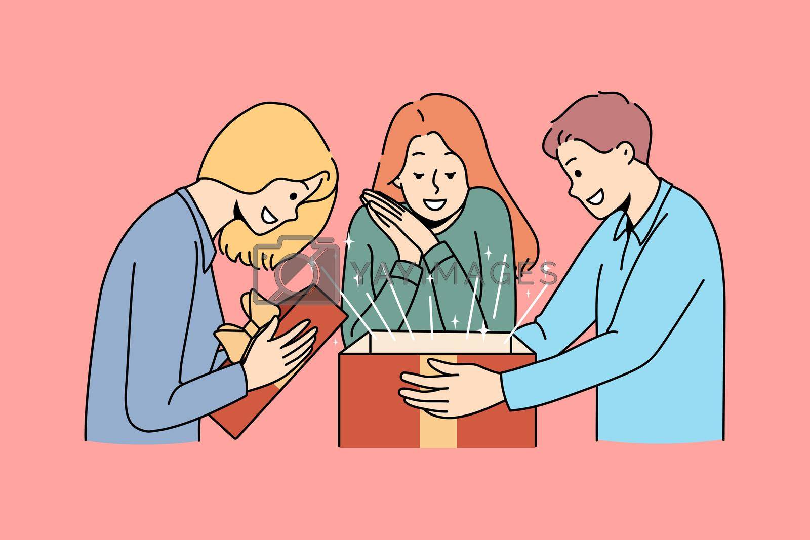Surprise present and gift concept. Group of smiling cheerful excited people friends standing opening surprise box with magic inside vector illustration