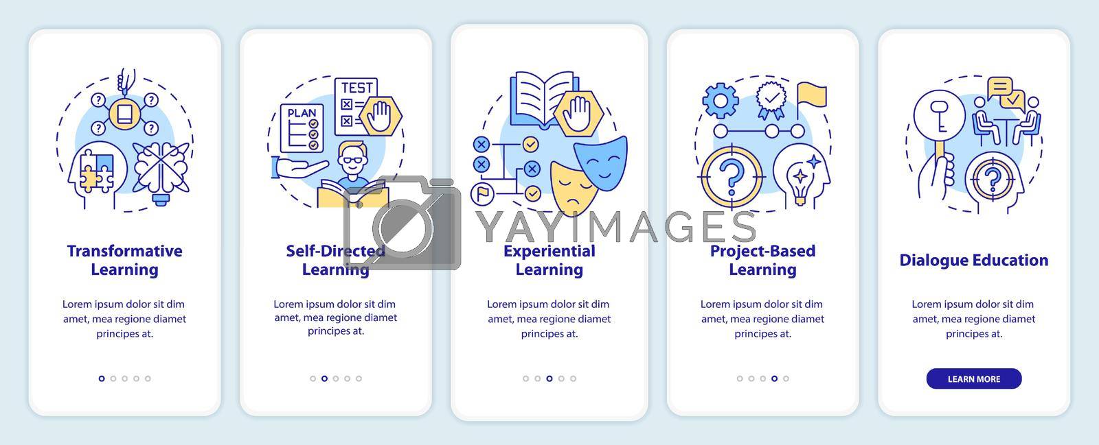 Adult education theories and forms onboarding mobile app screen. Walkthrough 5 steps graphic instructions pages with linear concepts. UI, UX, GUI template. Myriad Pro-Bold, Regular fonts used