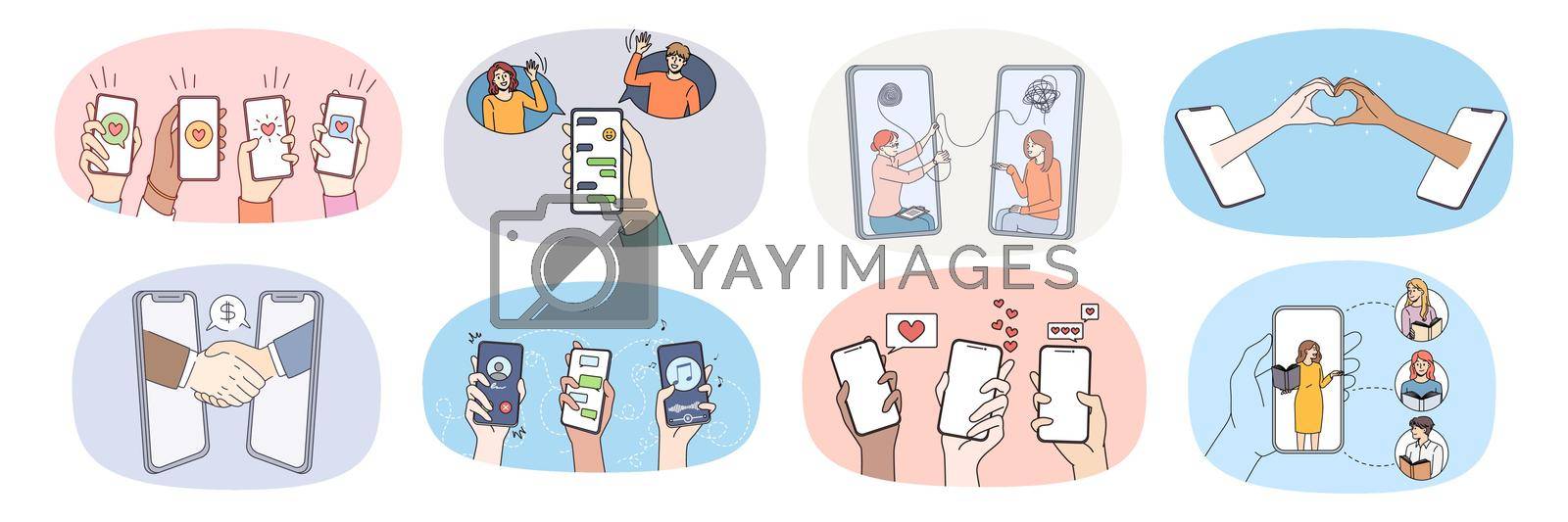 Collection of people hands use new technologies communicate on internet on smartphone gadget. Set of humans hold cellphones enjoy online communication on device. Virtual life. Vector illustration.