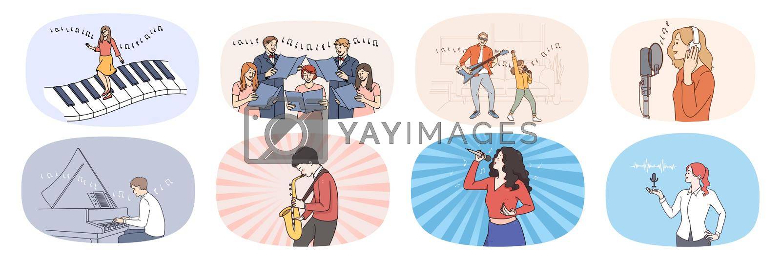 Set of people have fun singing and playing musical instruments. Collection of men and women enjoy music leisure activity. Hobby and entertainment. Musician and artist. Vector illustration.