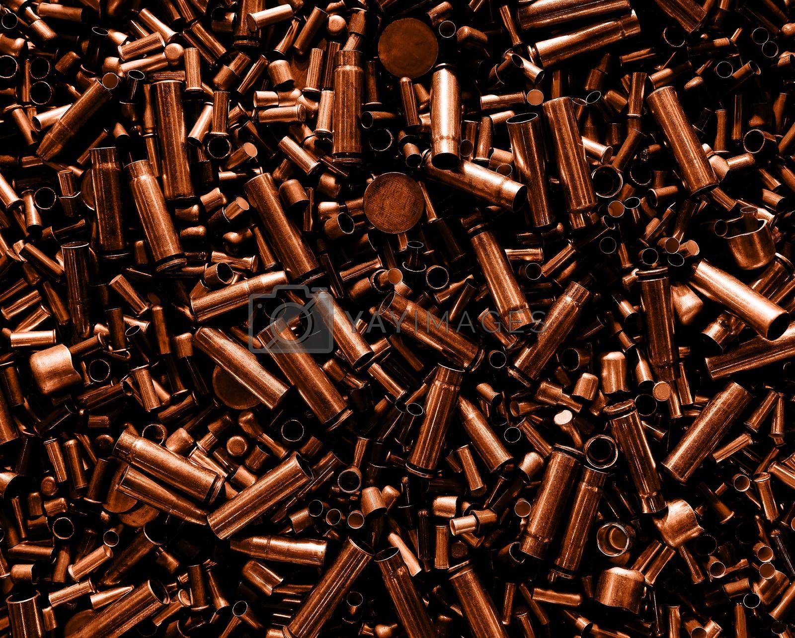 Royalty free image of Different size bullet shells on the black ground. War concept. production of ammunition at the factory. brass bullet shell, ammunition manufacturing process by EvgeniyQW