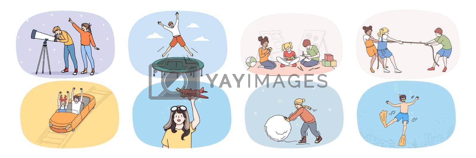 Set of happy kids have fun playing together on leisure weekend. Collection of smiling small children relax rest with friends on vacation or holiday involved in games. Flat vector illustration.