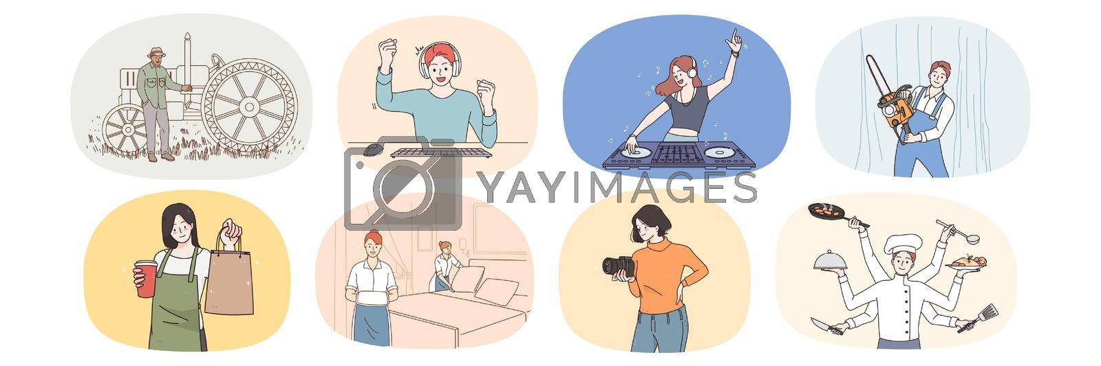 Bundle of diverse people and their occupations. Set of smiling mixed man and woman employees with professions and jobs. Work equality. DJ, farmer, waiter, housekeeper. Flat vector illustration.
