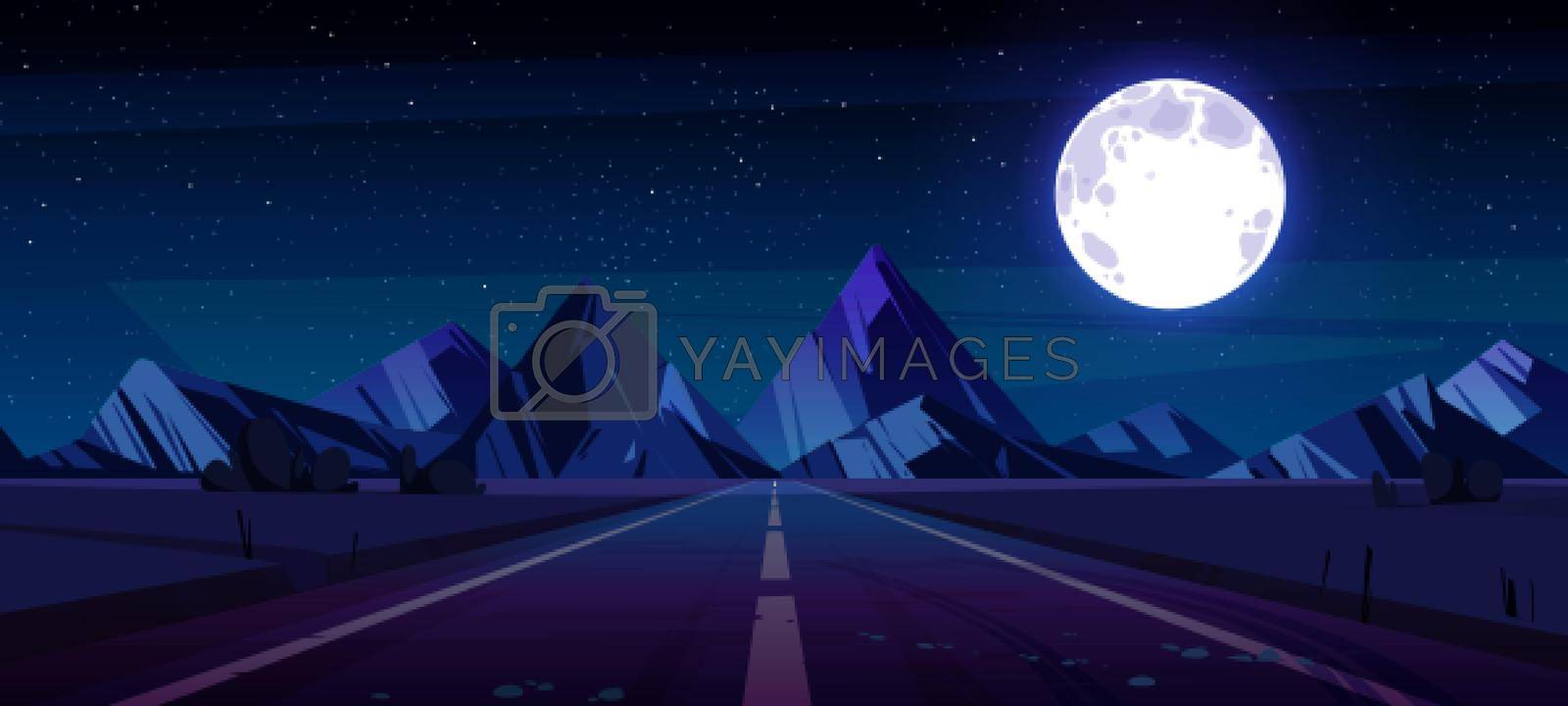 Night landscape with straight highway and mountains under starry sky with full moon. Empty road disappear into the distance at twilight. Way with markup perspective view, Cartoon vector illustration
