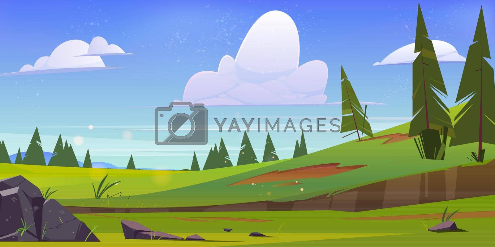 Cartoon nature landscape green field, conifers trees and rocks under blue sky with clouds. Scenery view background, summer or spring meadow or pasture with plants and stones, Vector illustration
