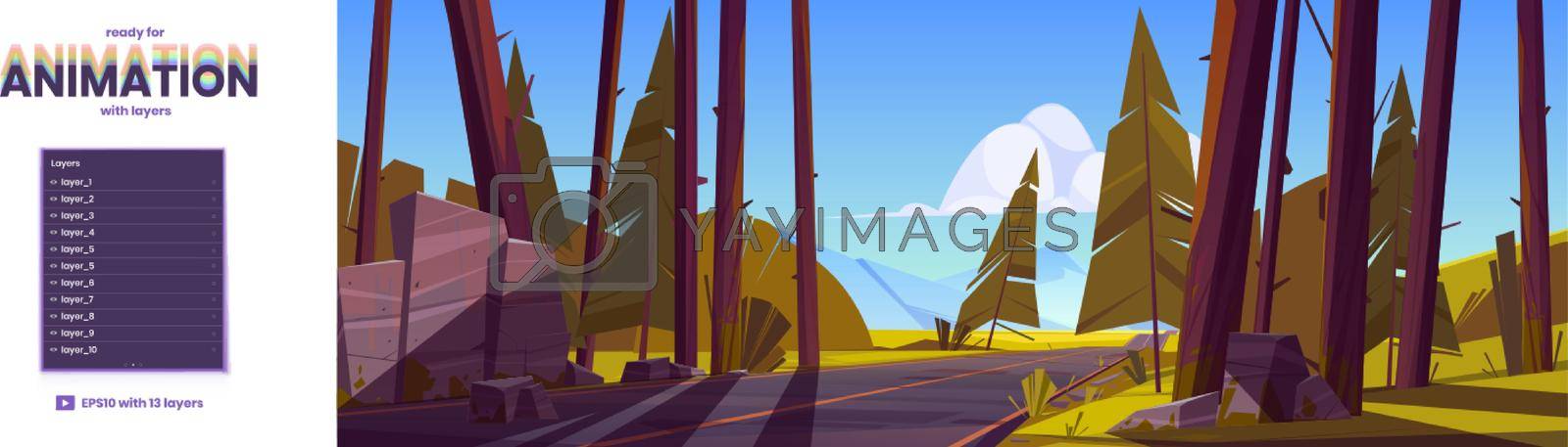 Forest landscape with road and rocks on horizon. Nature scene with asphalt highway, coniferous trees, stones and mountain valley. Vector illustration with layers ready for animation