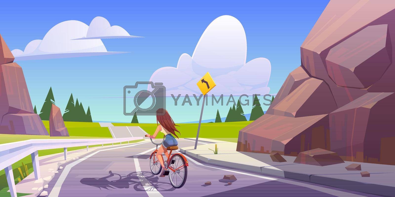 Woman rides on bike on road. Summer landscape with rocks, green fields, asphalt highway and girl on bicycle . Vector cartoon illustration of travel, active lifestyle and vacation