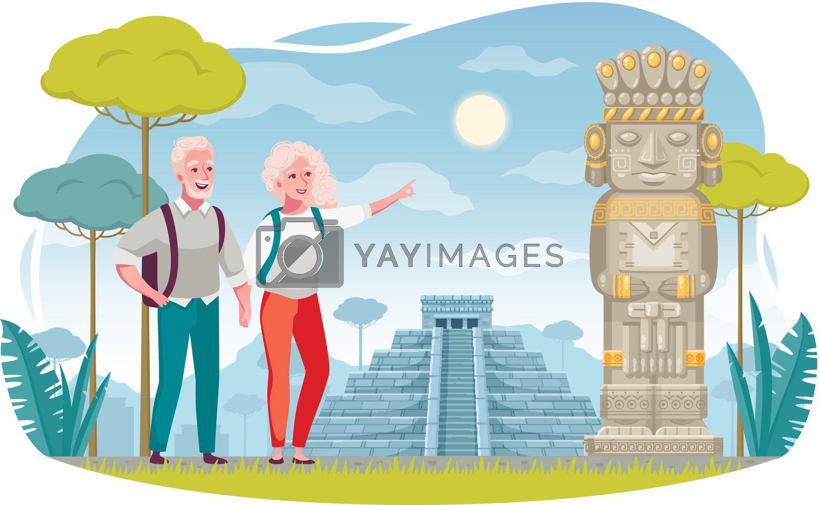 Tourism and aging elderly people travelers cartoon composition with senior couple enjoying sightseeing vector illustration