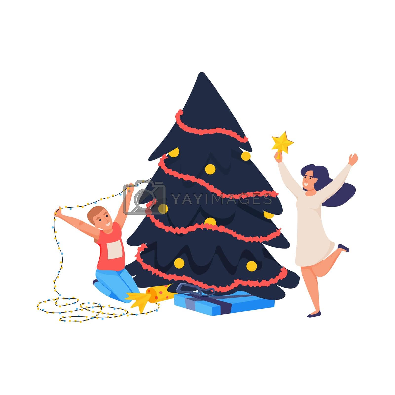 Christmas celebration flat icon with happy people near decorated tree vector illustration