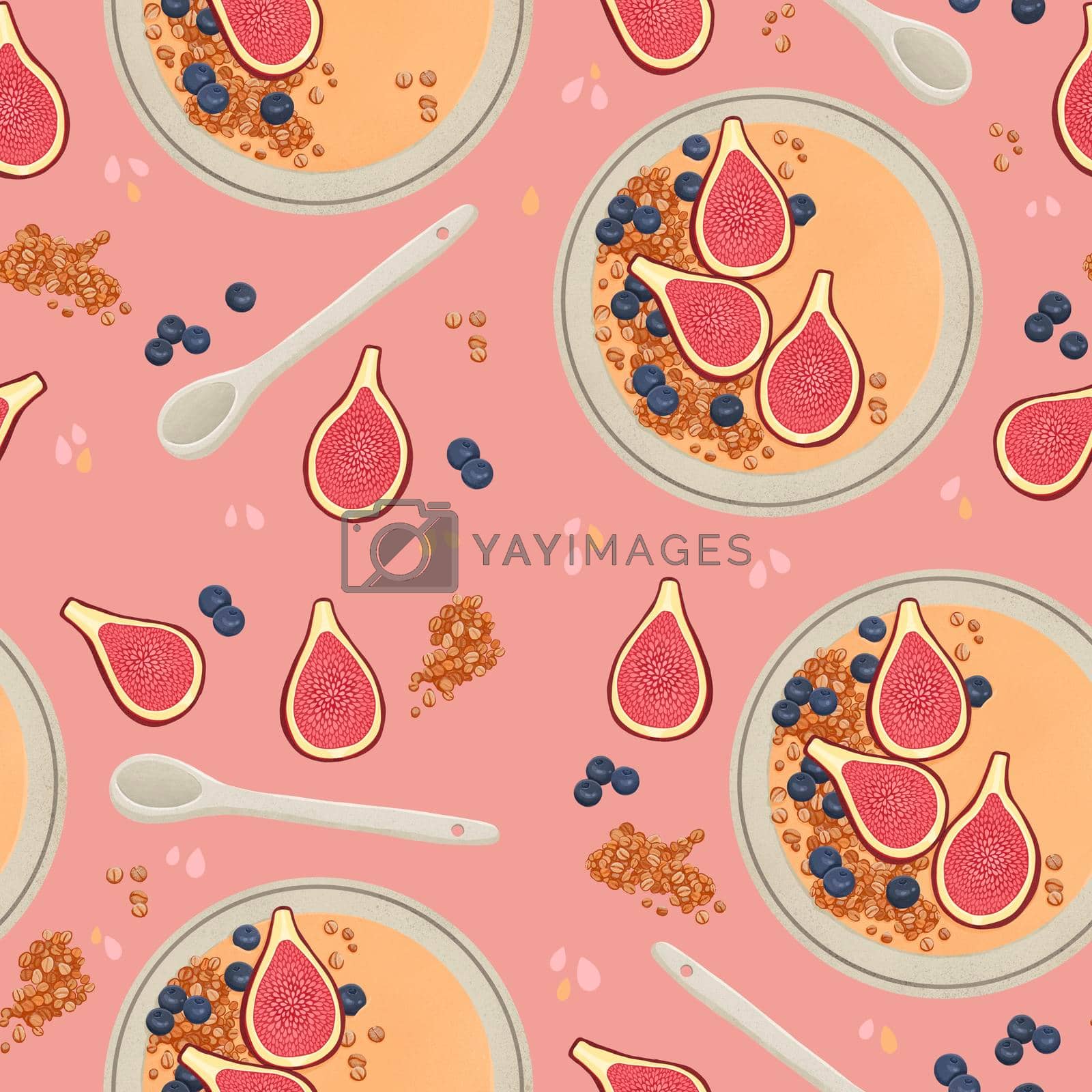 Smoothie bowl seamless pattern with figs, oats and blueberry. High quality illustration
