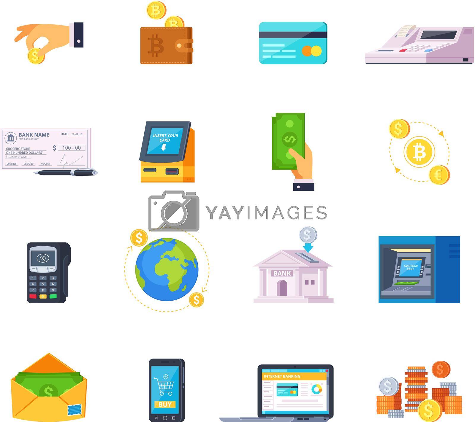 Financial technology orthogonal flat icons set with credit cards online banking and automated teller machine isolated vector illustration 