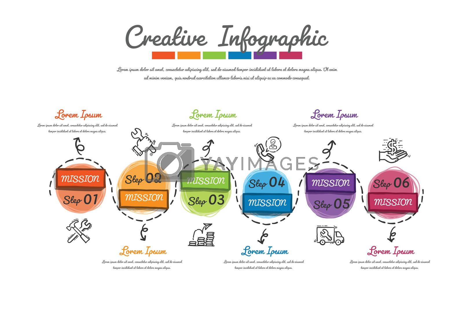 Infographic design Hand drawing style 6 option for Presentation. Timeline infographics, steps or processes. Vector illustration.