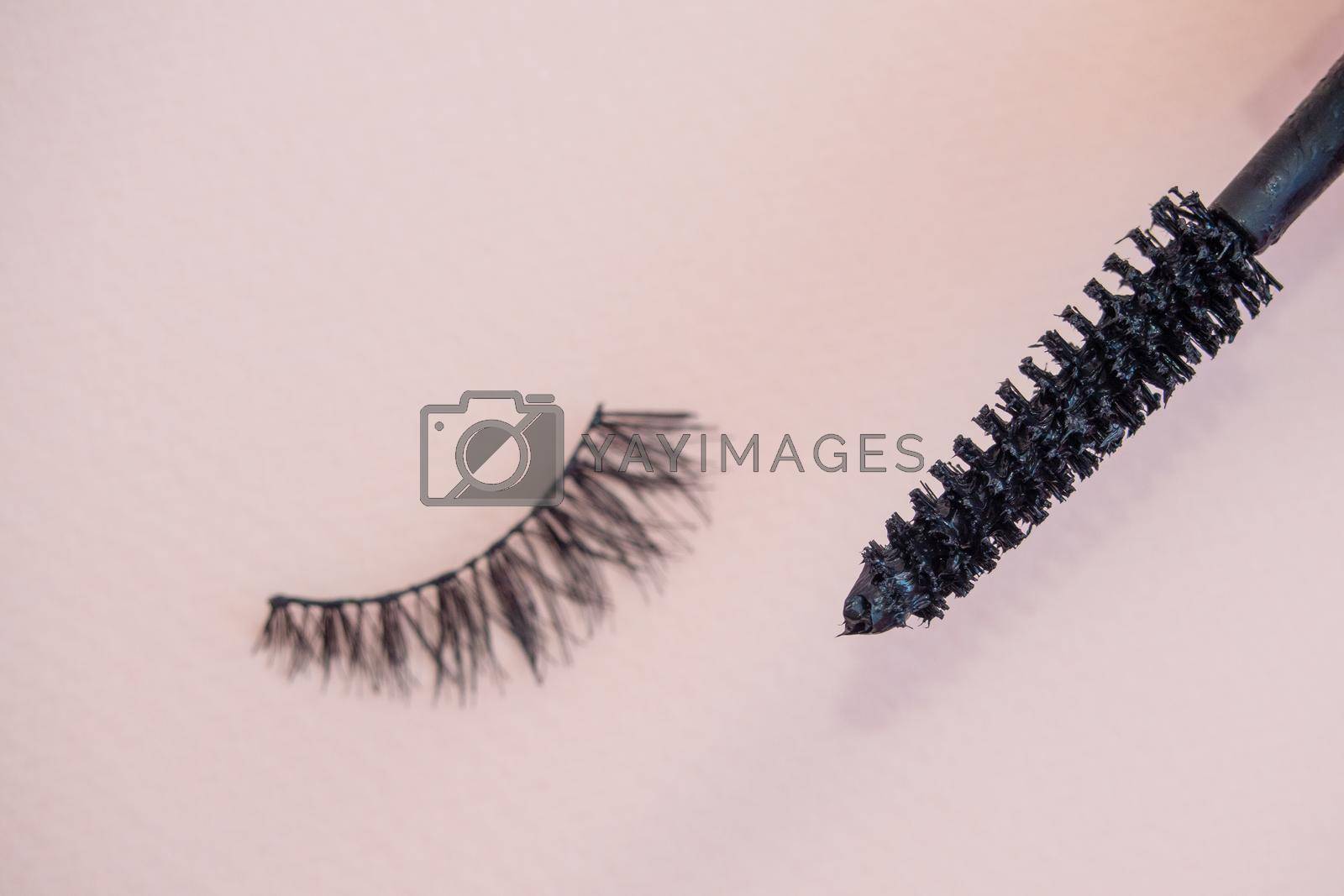 Royalty free image of Fake eyelashes on pastel pink background. Beauty concept. Makeup cosmetics. Top view, flat lay. Layout. Place for text and design. Web Banner. Minimal style by Andre1ns