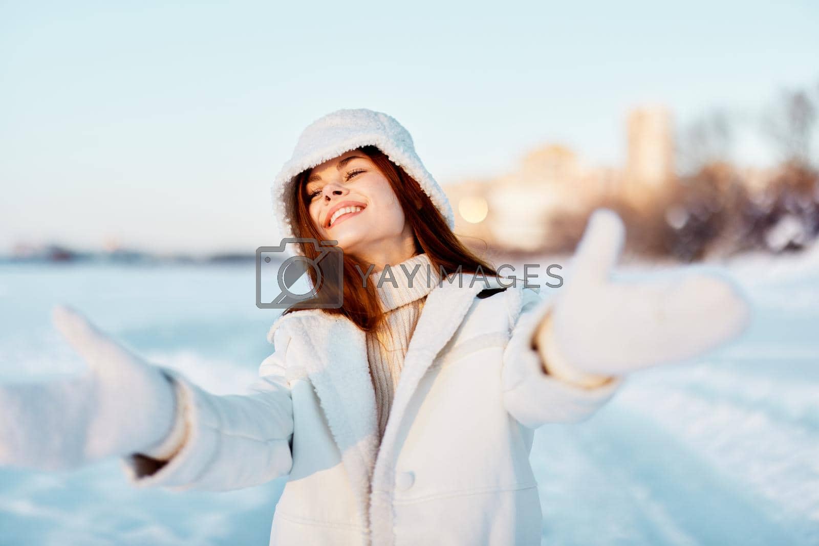 woman winter weather snow posing nature rest nature. High quality photo