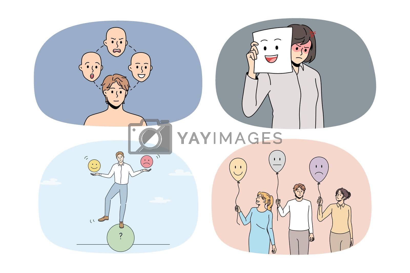 Set of diverse people with different emptions suffer from bipolar disorder or mood swing. Collection of men and women struggle with mental psychological problems. Vector illustration.
