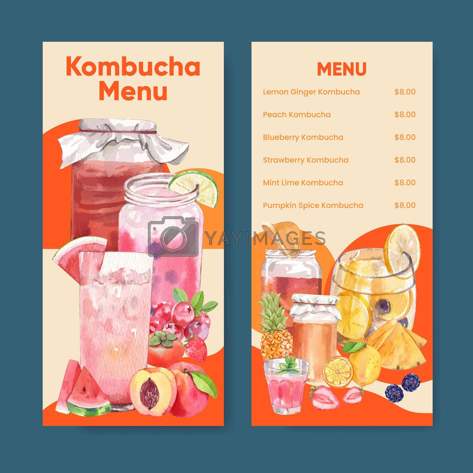 Flyer template with Kombucha drink concept,watercolor style
