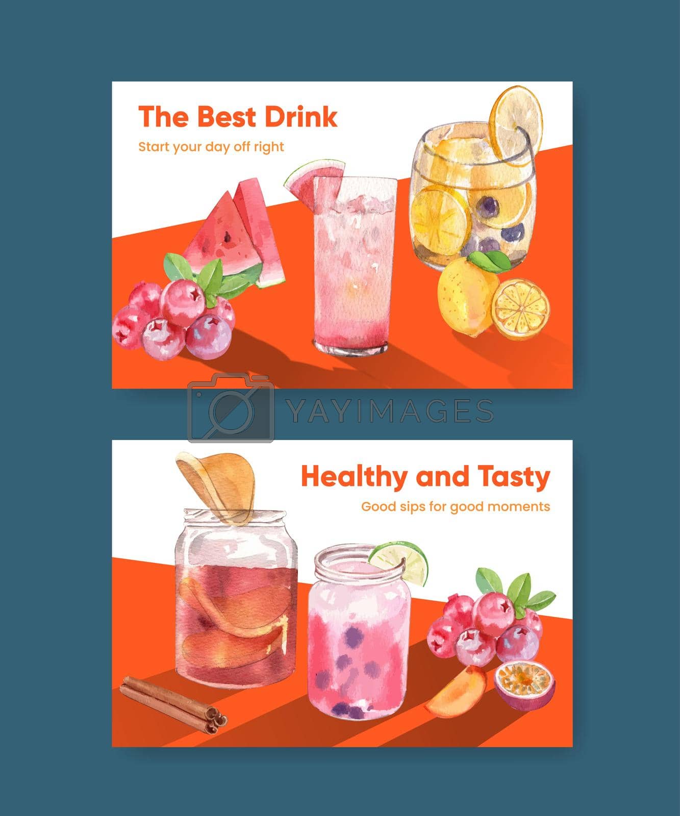 Facebook template with Kombucha drink concept,watercolor style
