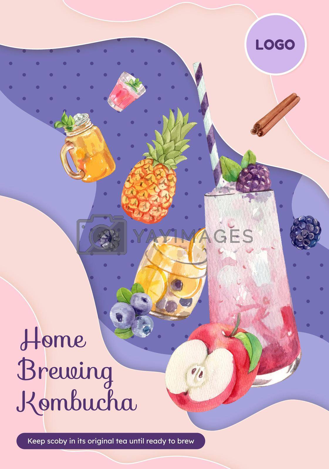 Poster template with Kombucha drink concept,watercolor style
