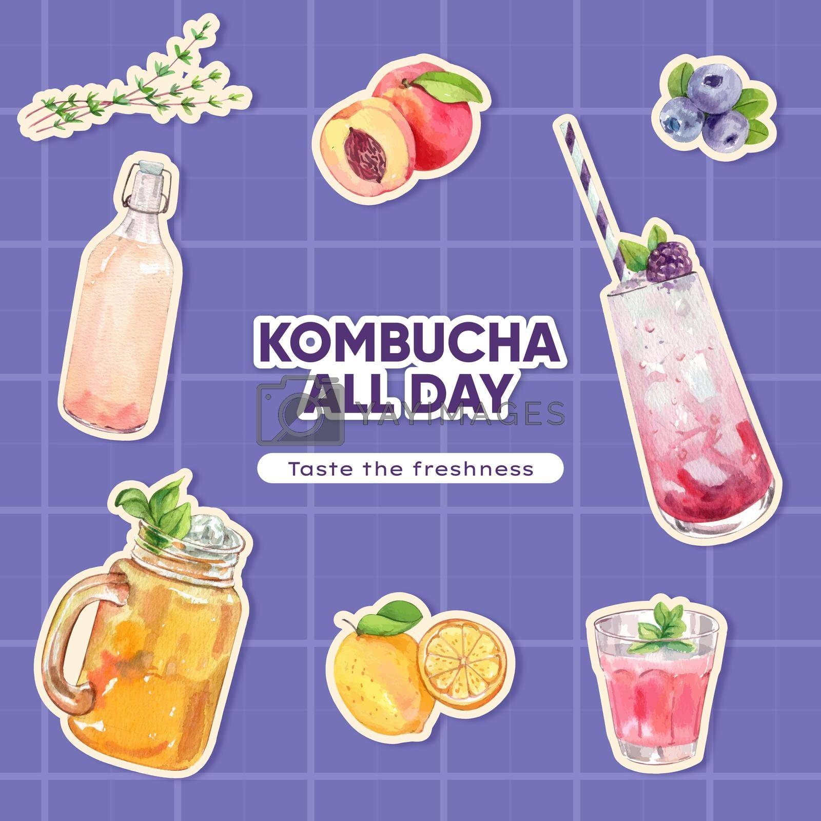 Sticker template with Kombucha drink concept,watercolor style
