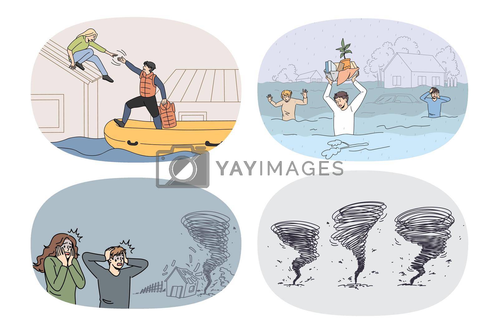 Set of unhappy frustrated people feel scared on natural disaster flooding or typhoon. Collection of confused men and women rescue from homes suffer from catastrophe. Vector illustration.