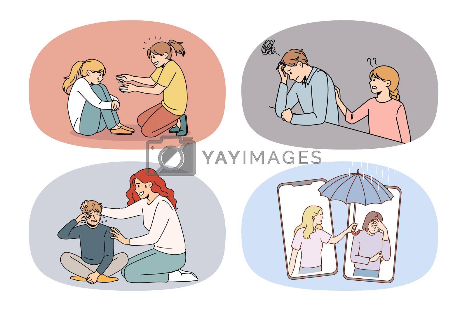 Set of unhappy depressed people cry distress receive support from friends. Collection of upset humans get help from relatives. Psychological problems and counseling. Vector illustration.