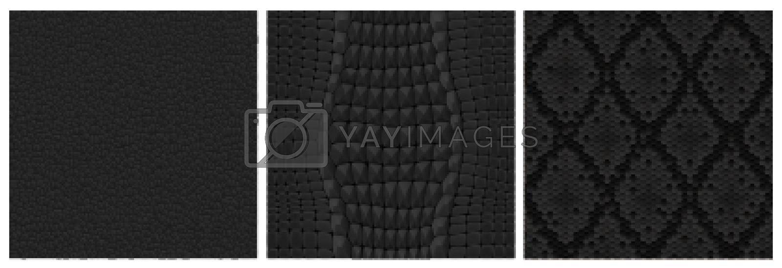 Black animal skin seamless textures for game, textile or wallpaper. Realistic 3d vector repeated patterns of snake, crocodile and and leather. Fabric backgrounds of natural or artificial reptile skins