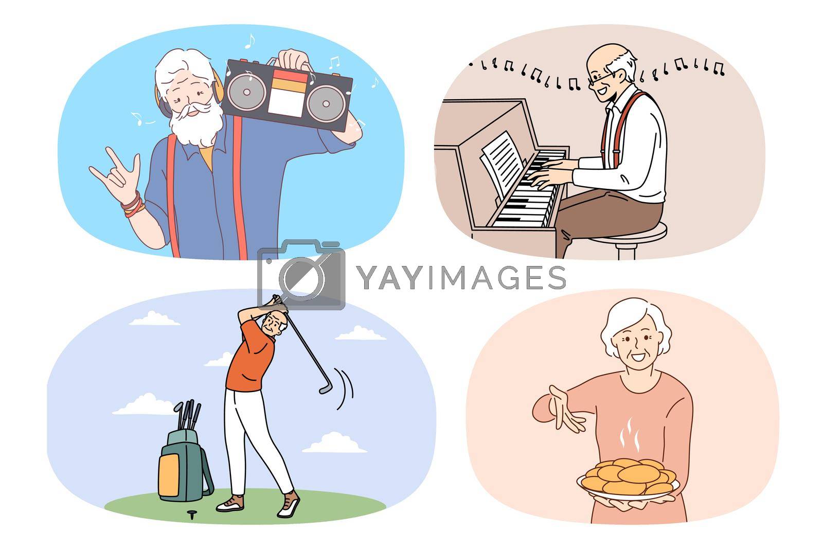 Set of happy active old pensioners people enjoy good maturity. Collection of energetic smiling mature men and women have fun involved in hobby activity. Relaxation on retirement. Vector.