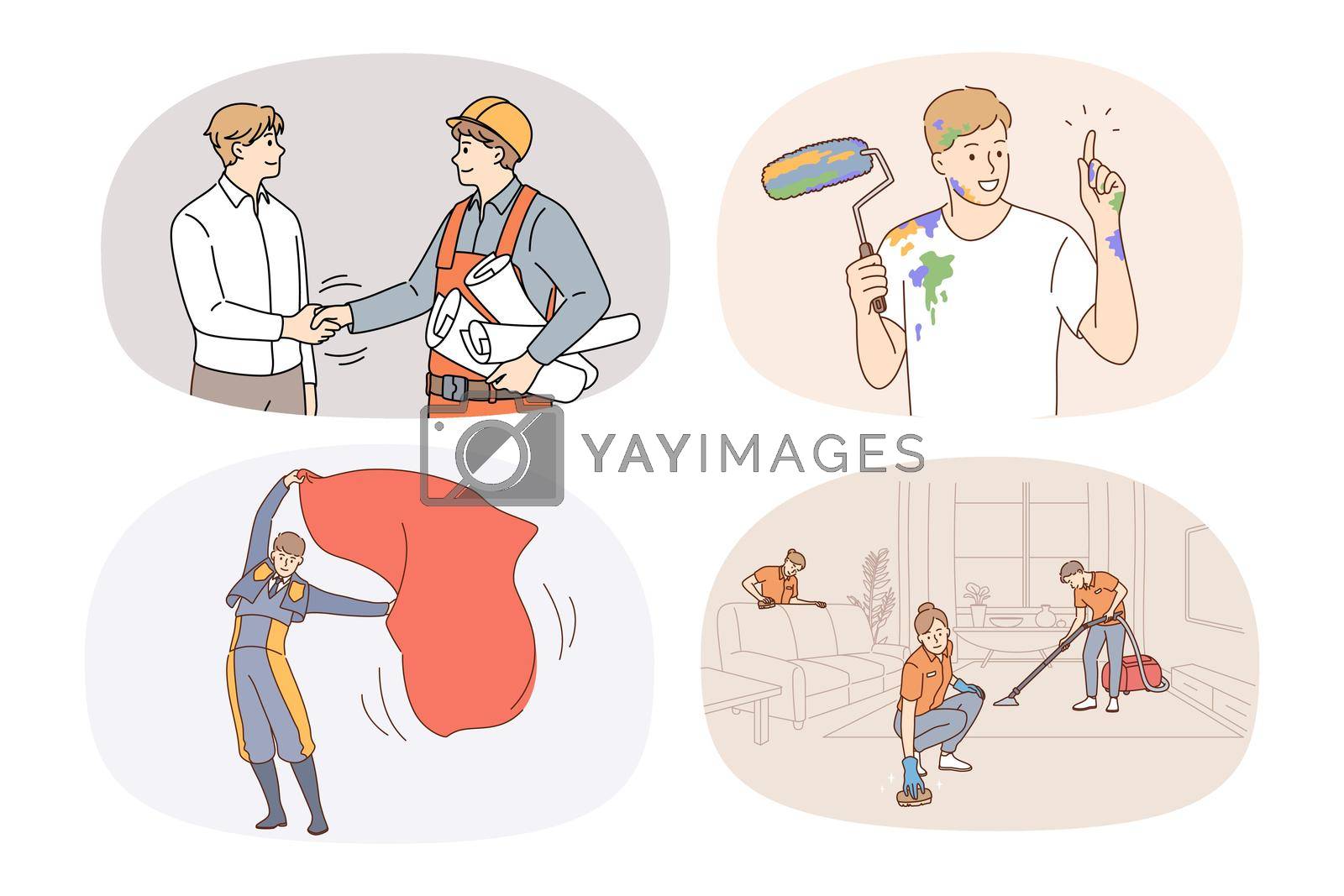 Collection of people jobs and careers. Set of persons having different occupations and professions. Employment. Architect, painter, toreador and housekeeper. Vector illustration.