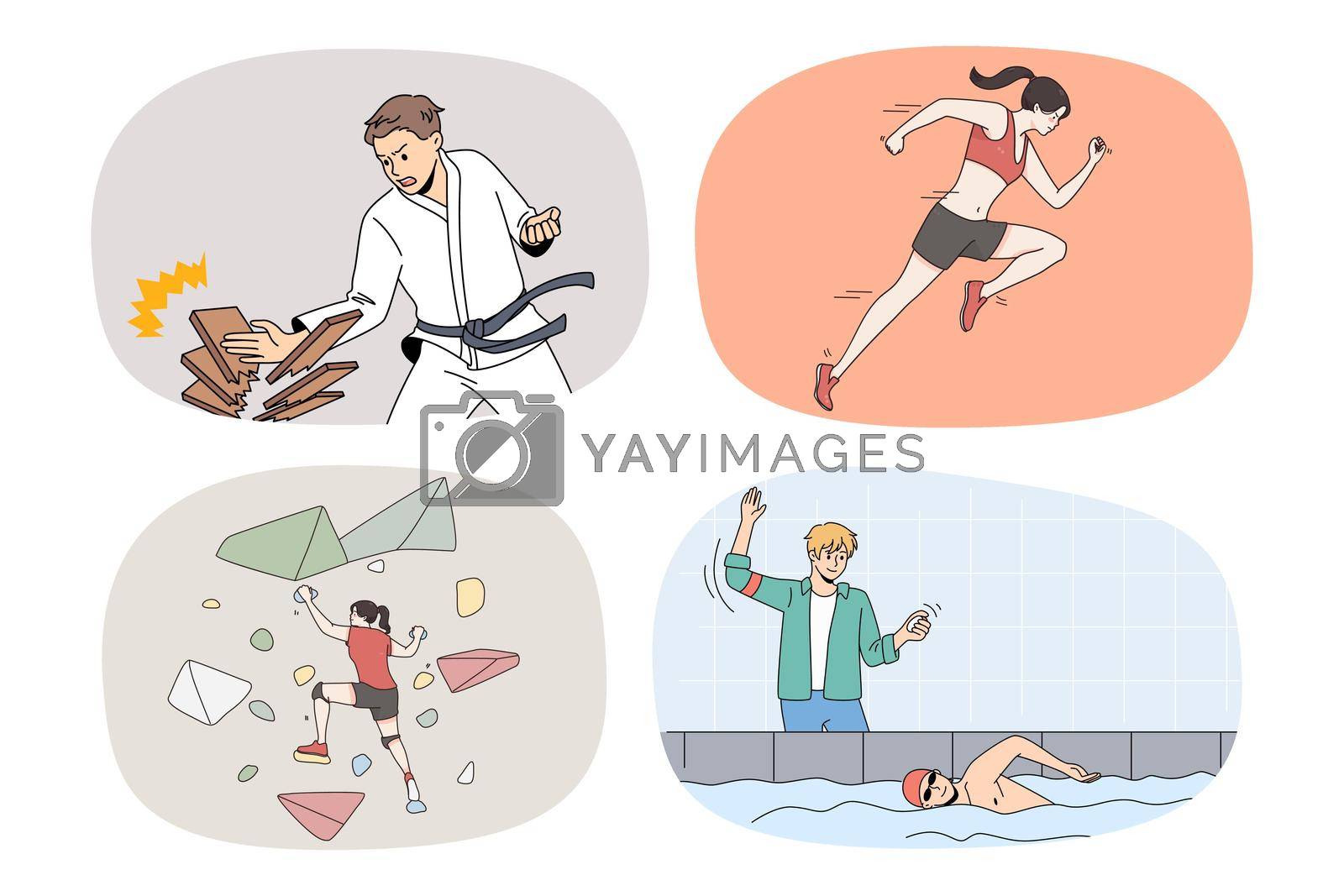 Collection of diverse sportsmen train workout for better results and performance. Set of men and women athletes exercise prepare for sport competition. Physical activity. Vector illustration.