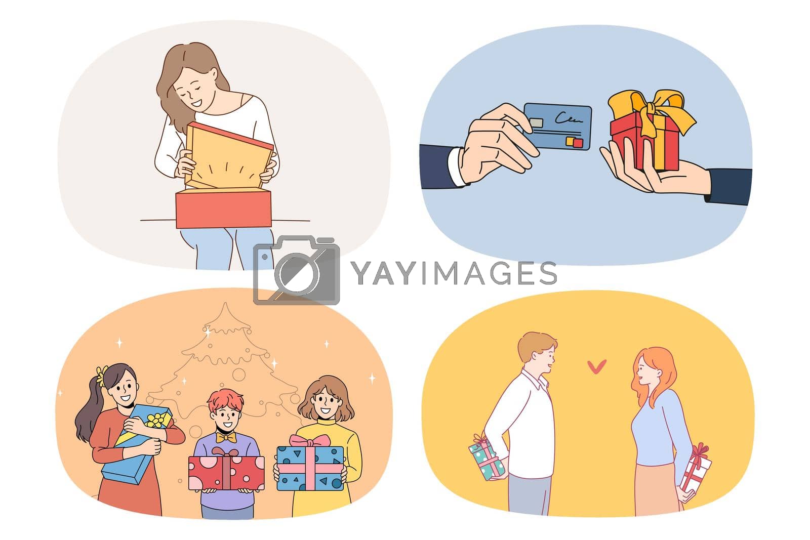 Set of happy people get and give presents on birthday anniversary. Collection of smiling men and women exchange gifts congratulate greet on special occasion. Flat vector illustration.