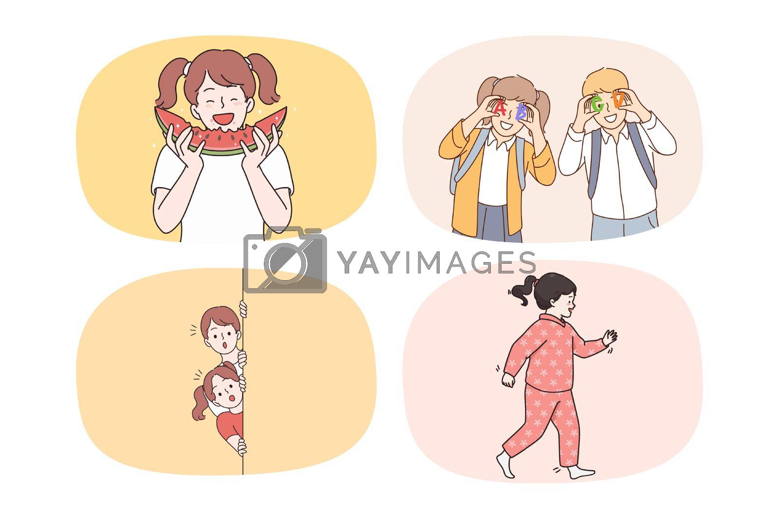 Set of happy small children laugh playing relaxing on weekend. Collection of smiling little kids have fun with friends, enjoy leisure time feel playful joyful. Childhood concept. Vector illustration.