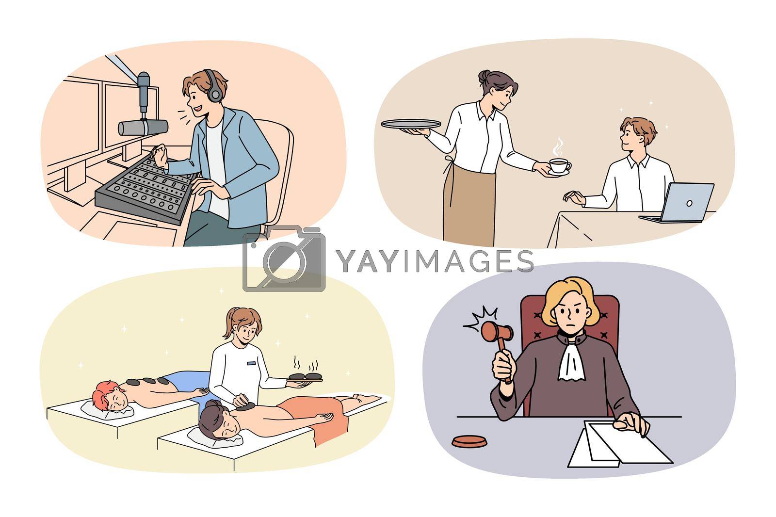 Set of people and occupations or jobs. Collection of men and women professions and careers. Host or producer, waitress, masseuse and juror or attorney. Flat vector illustration.