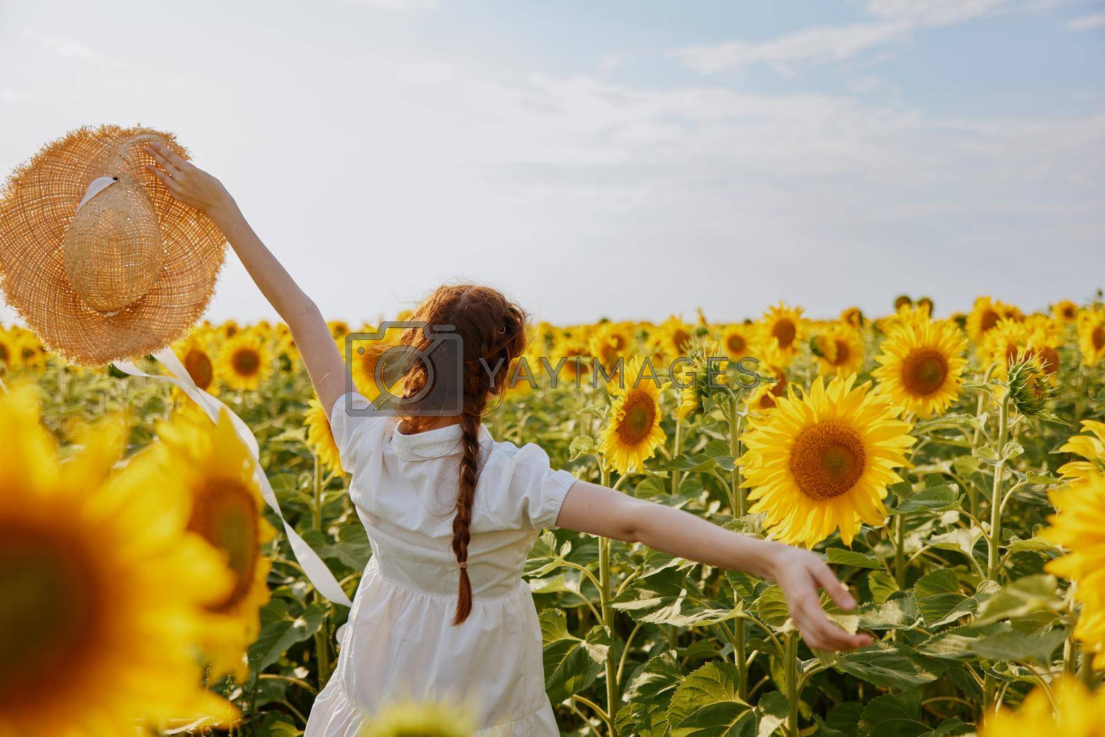 woman holding a straw hat over her head nature sunflowers countryside. High quality photo
