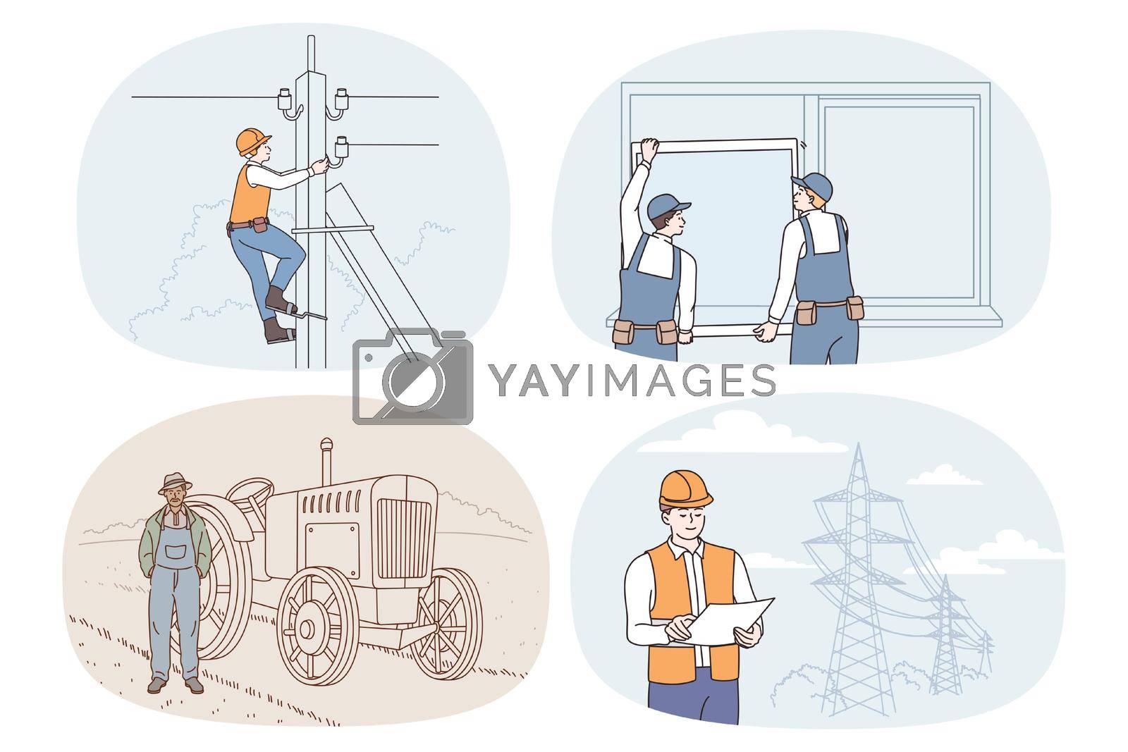 Collection of people occupations and professions. Set of men having different jobs and careers. Electrician, mounter and farmer. Employment and recruitment. Vector illustration.