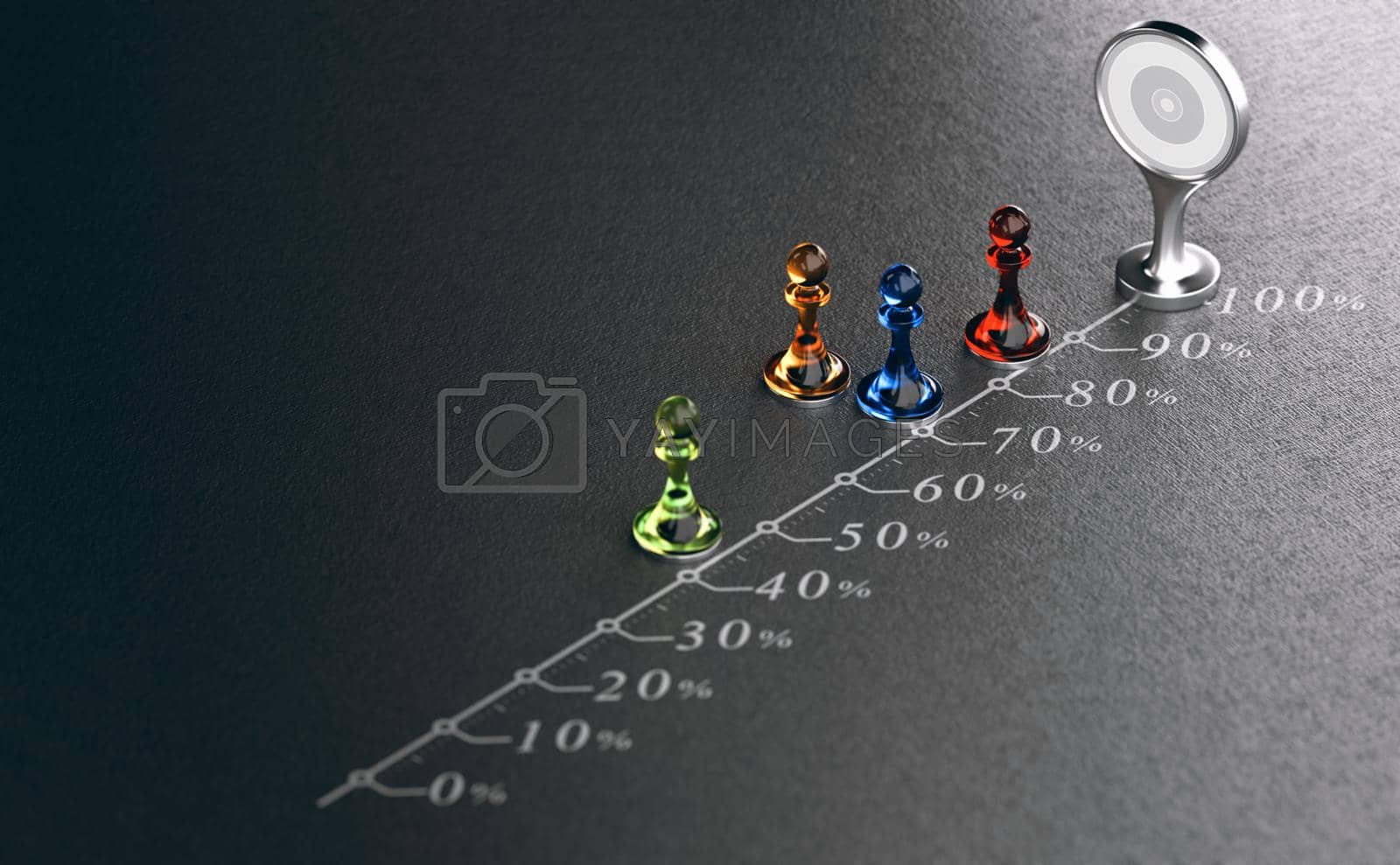 Multicolor pawns over black background with target and percentage. Concept of personal objective achievement. 3d illustration.