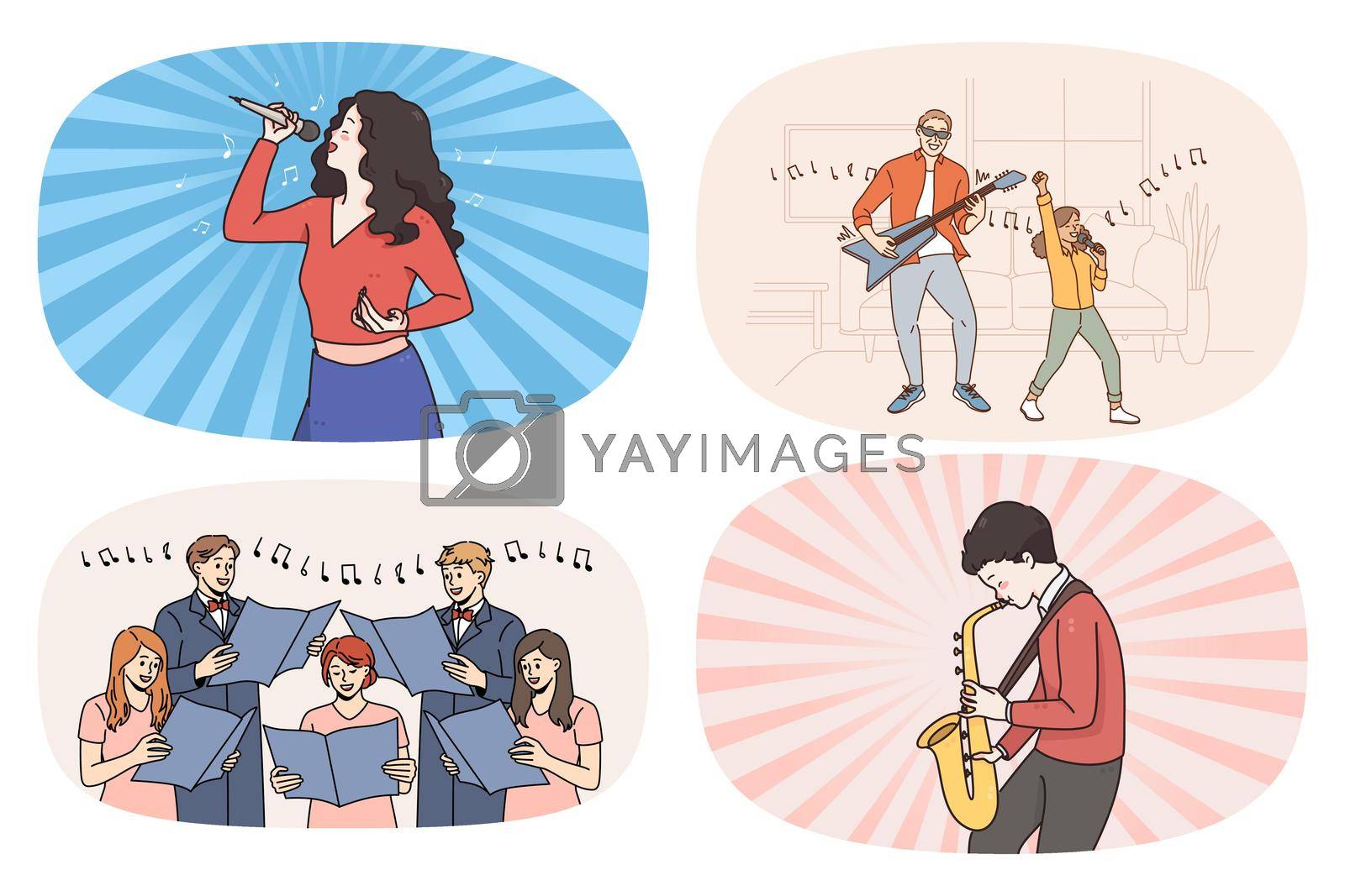 Set of diverse people sing and play musical instruments enjoy hobbies. Collection of men and women artists or musicians careers or occupations. Music professional. Vector illustration.