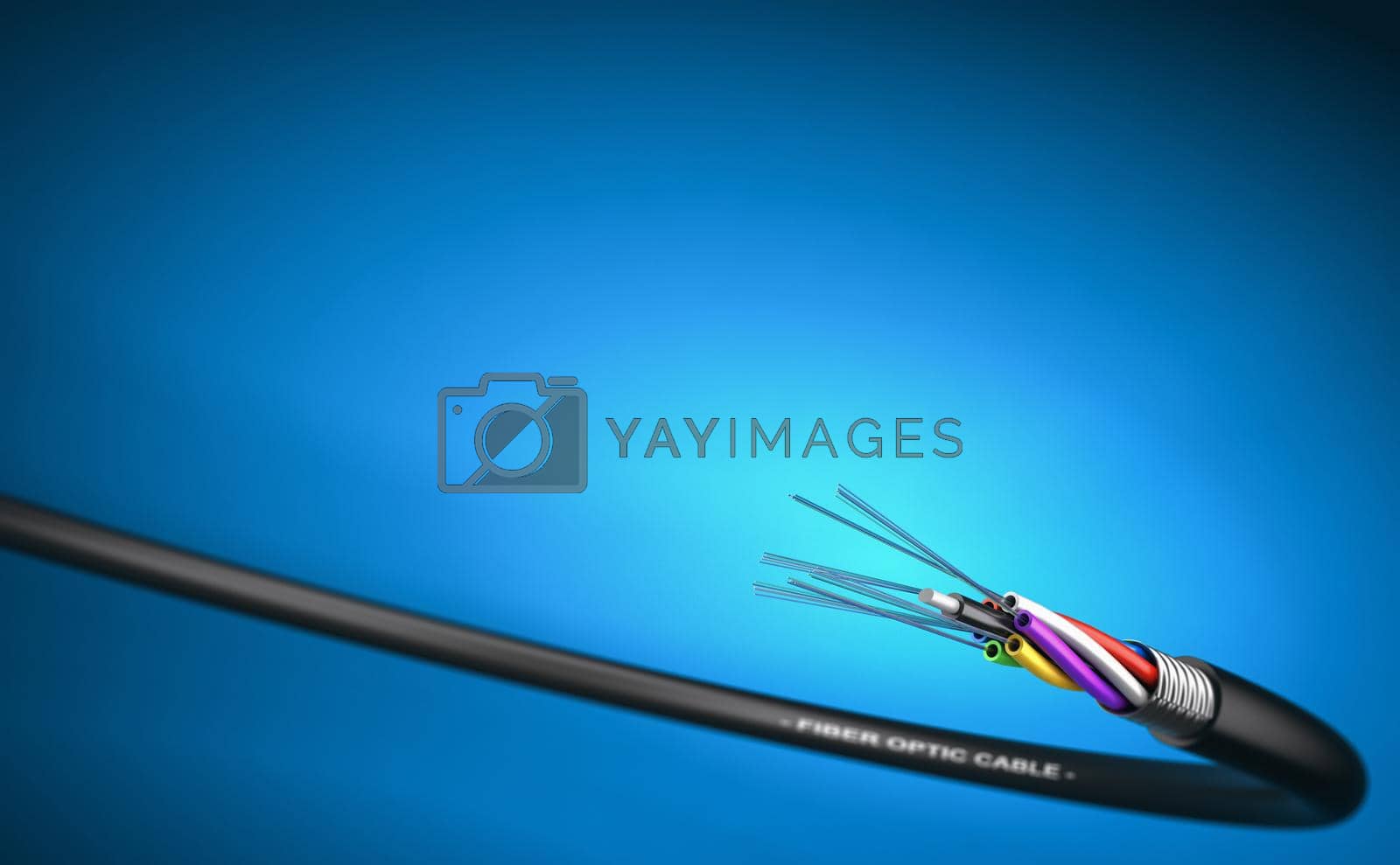 3D illustration of a fiber optic cable over blue background with copy space on the top.