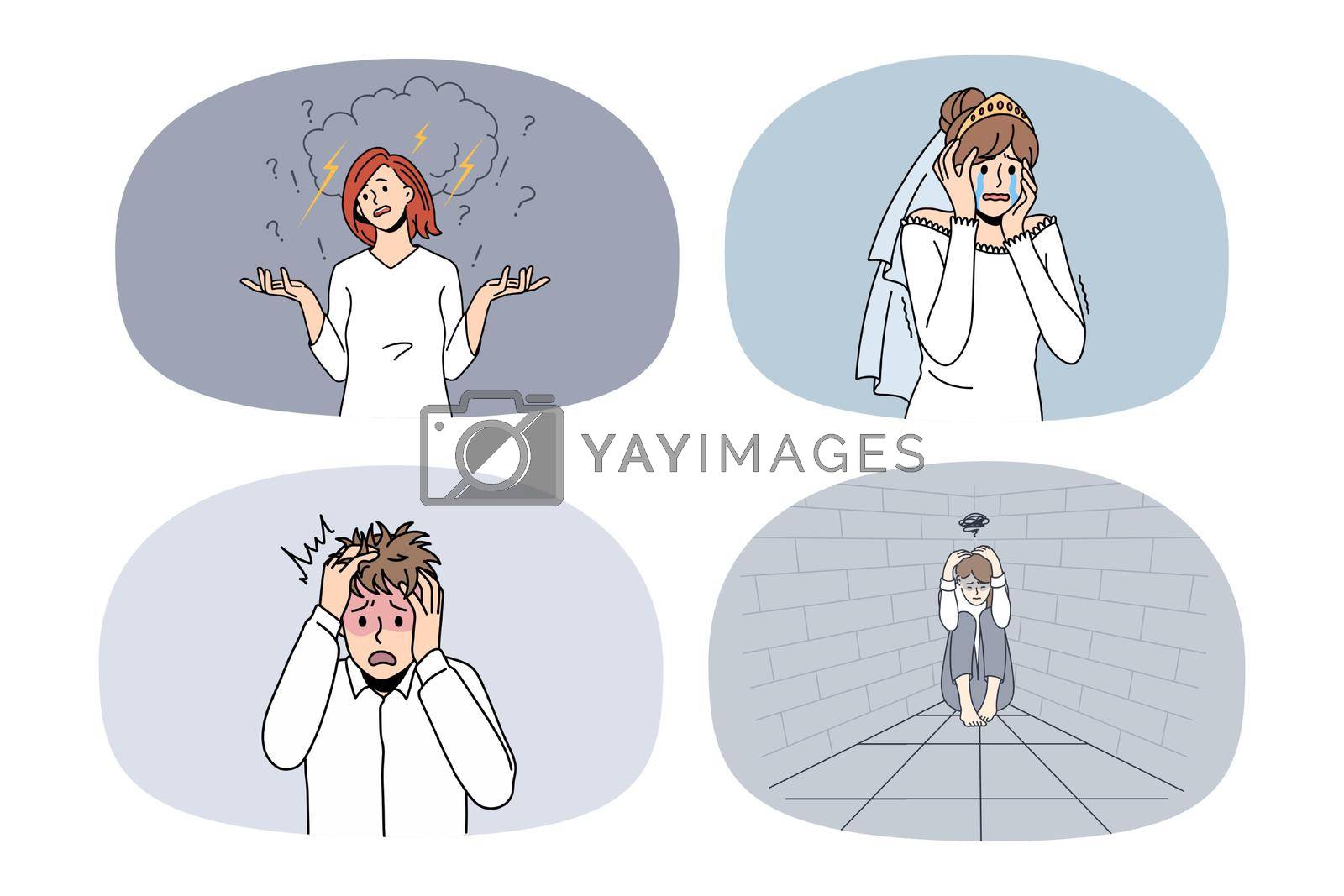 Set of upset crying people feel distressed struggle with mental or psychological problems. Collection of frustrated upset men and women stressed with depression or panic attack. Vector.
