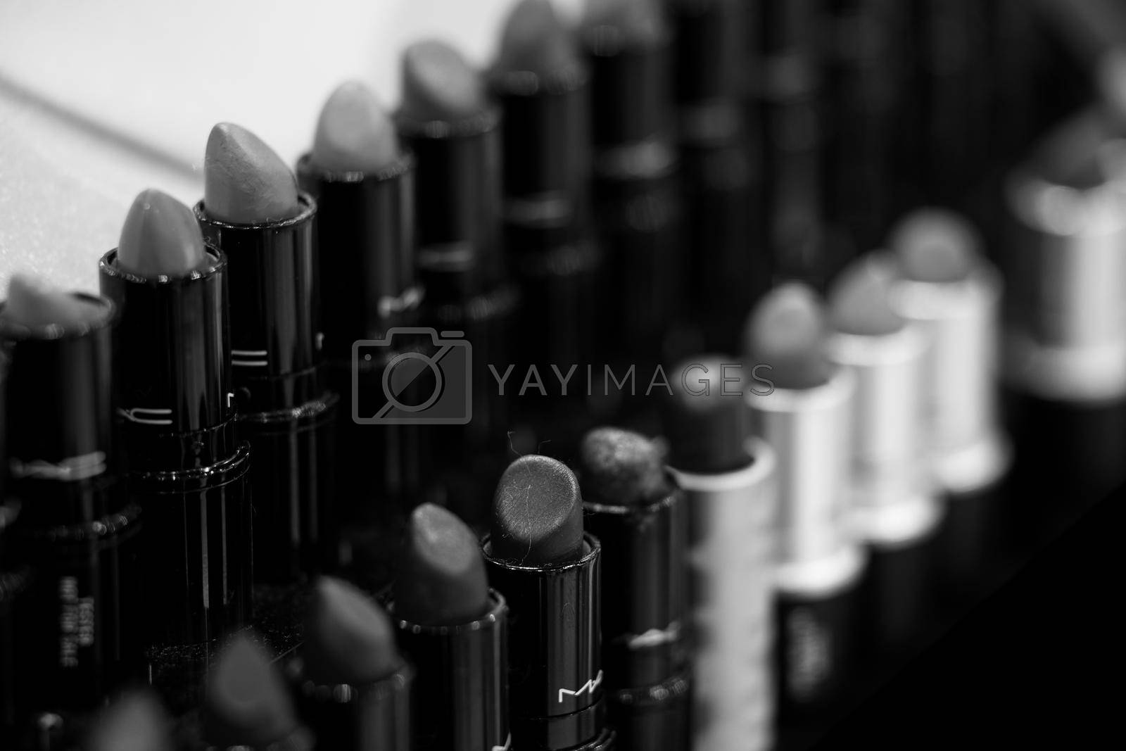 MAC Cosmetics lipstick on the stand. MAC lipstick testers displayed in a luxurious store. Excellent lipstick with a creamy formula, saturated pigments. 12,02,2022, Dubai, UAE.