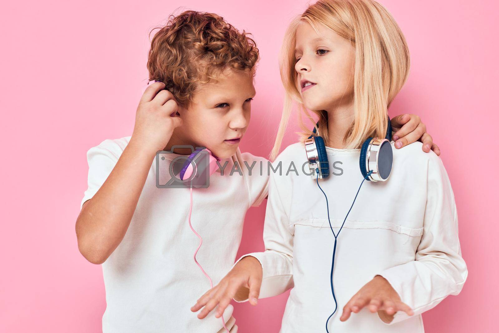 Funny children listening to music lifestyle childhood. High quality photo