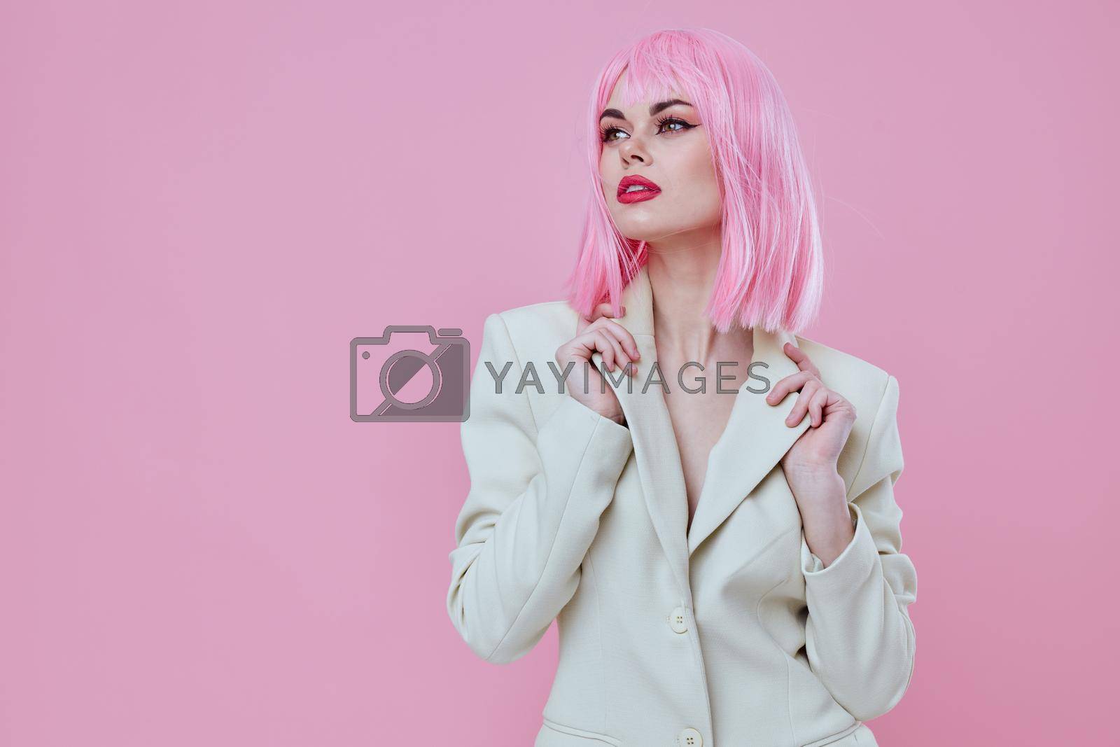 Beauty Fashion woman modern style pink hair Red lips fashion pink background unaltered. High quality photo