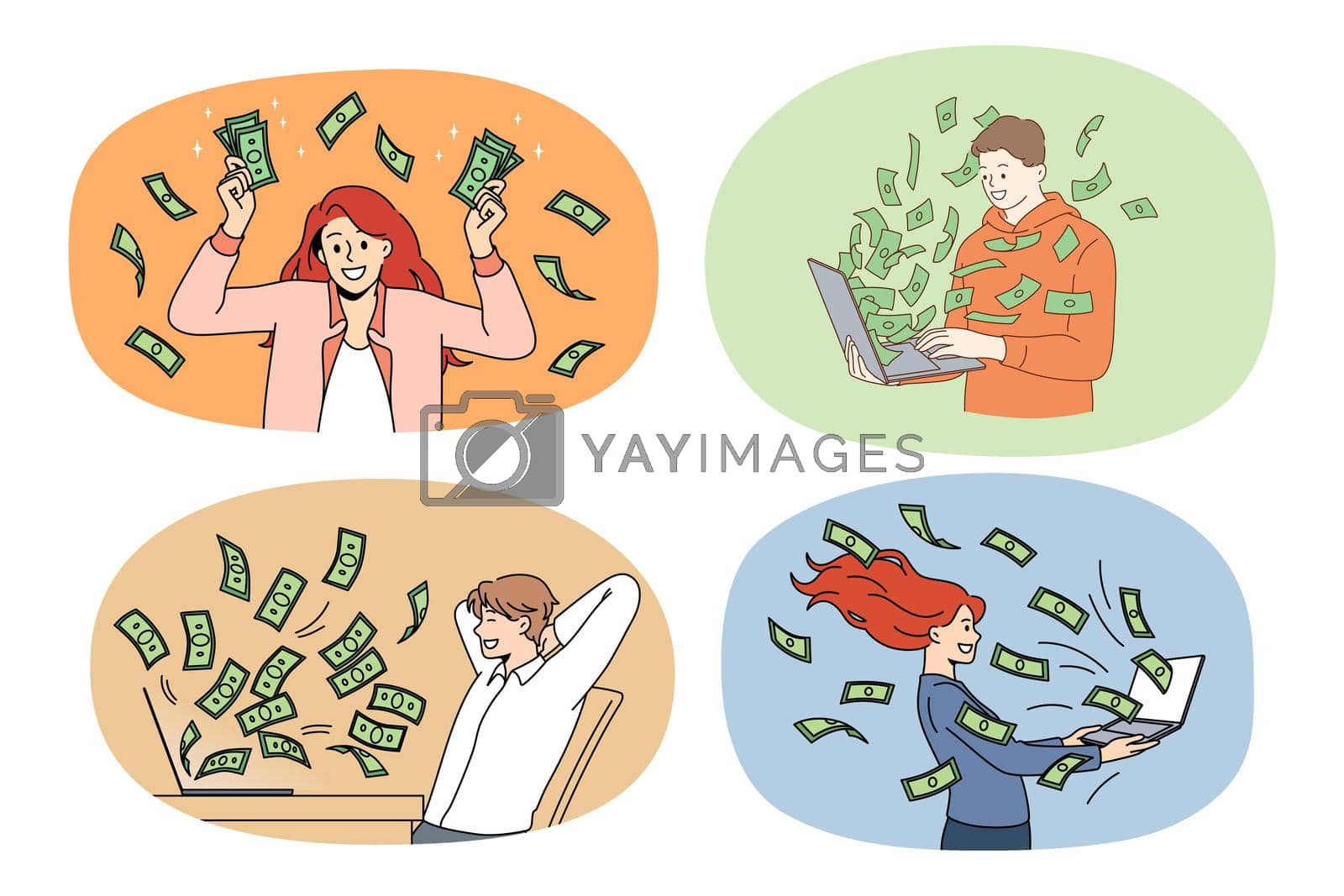 Set of smiling young people get cash from computer work. Collection of happy businesspeople receive passive income from investment. Finance and banking. Lottery win. Vector illustration.