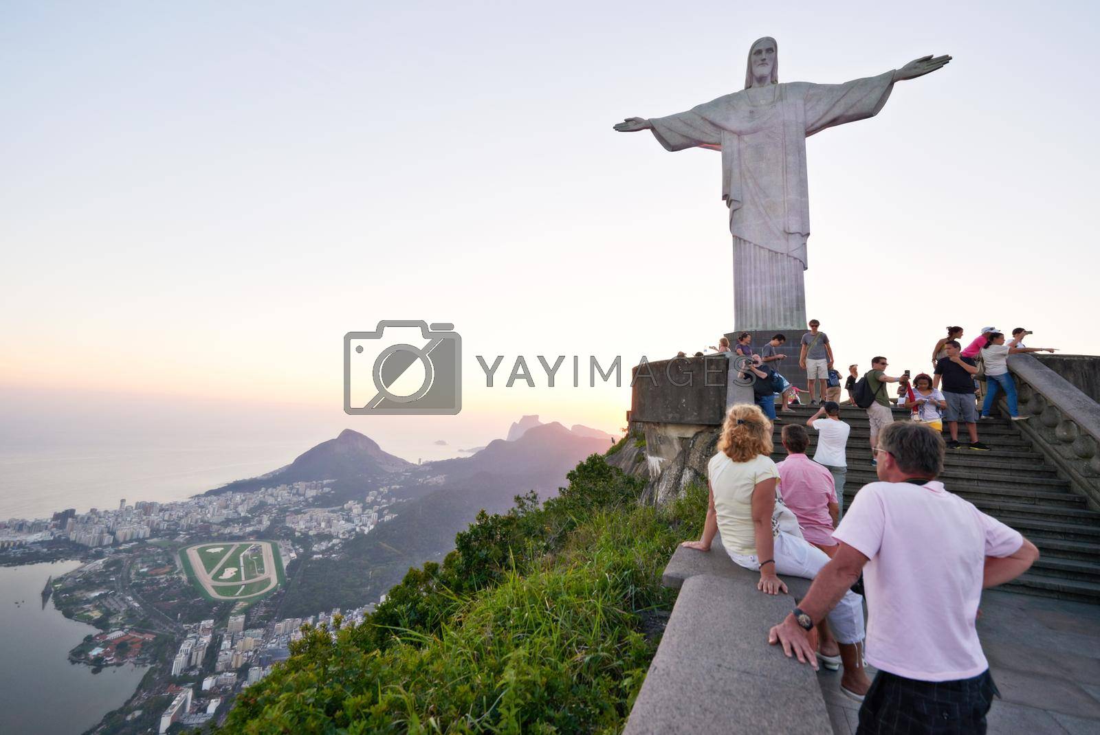 A group of tourists on the path to see the statue, Christ the Redeemer in Rio.