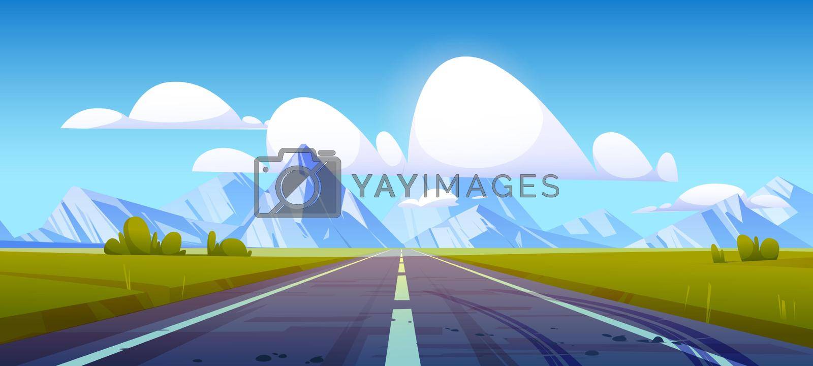 Straight highway disappear at mountain landscape, empty road with green fields by sides under blue cloudy sky at summer day. Way with markup or tire trails perspective view Cartoon vector illustration