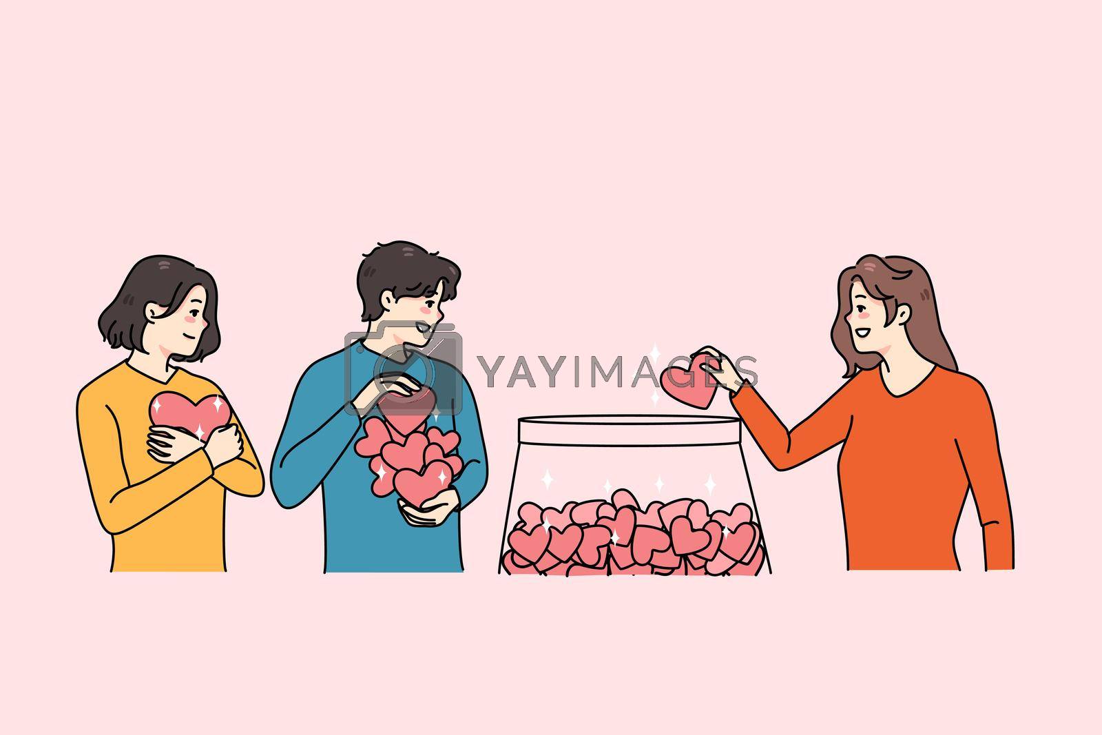 Smiling diverse people with red hearts put in jar volunteer to needy persons. Happy man and women donate to charity. Donation and volunteering concept. Flat vector illustration.