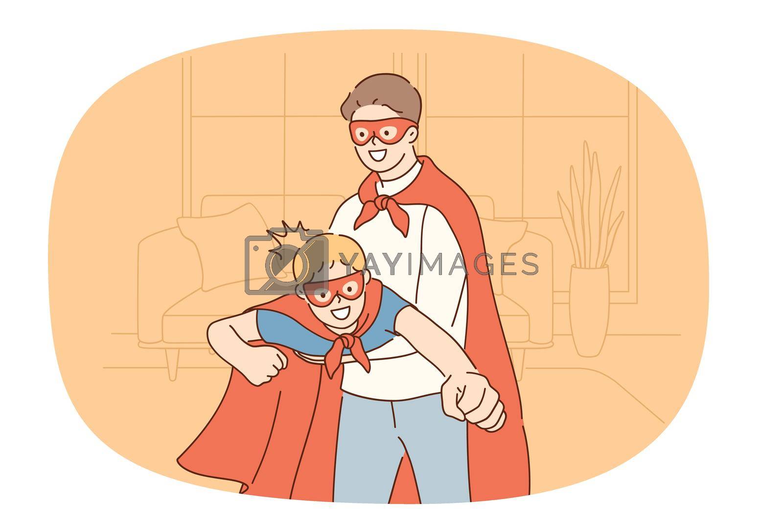 Loving young father in superhero costume have fun playing with small son at home. Caring happy dad enjoy playful game activity with little boy child. Best daddy. Fatherhood. Vector illustration.