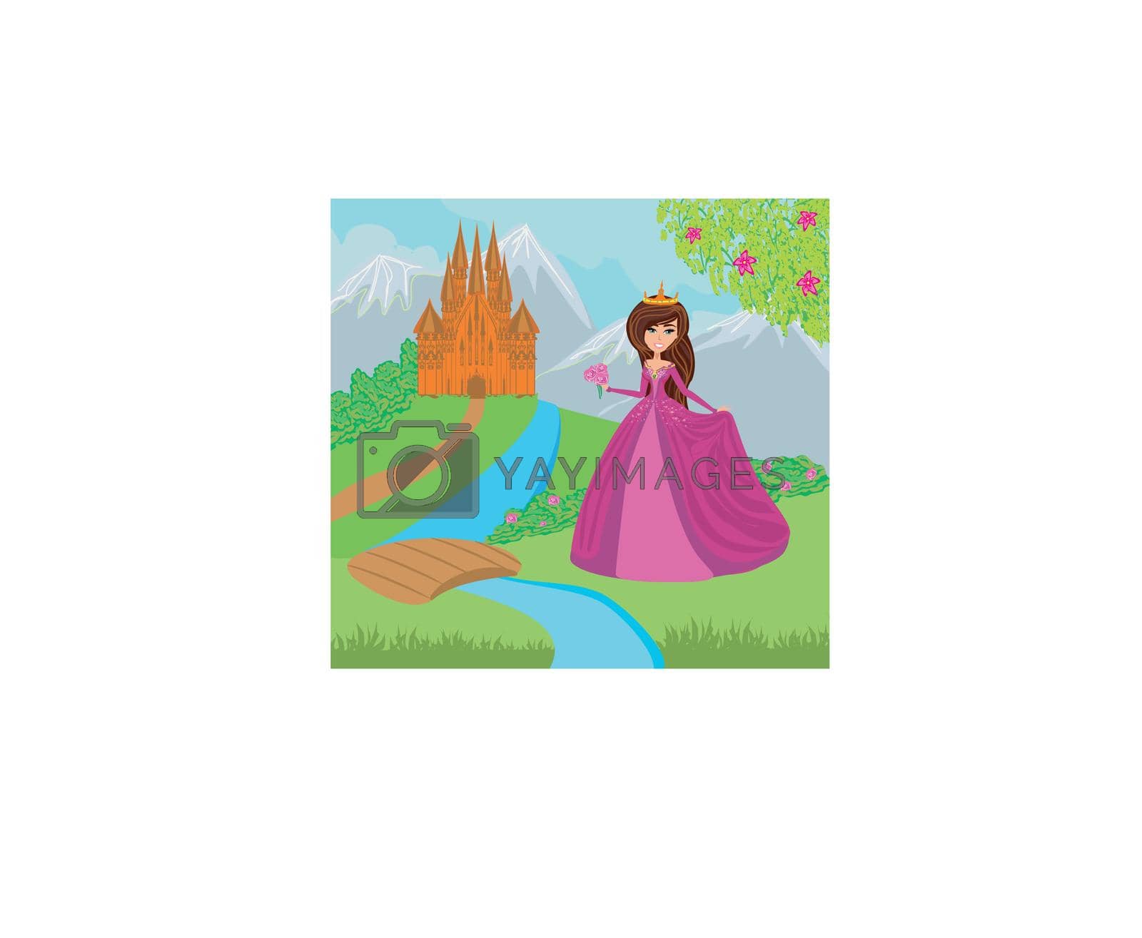 Royalty free image of Beautiful young princess in front of her castle by JackyBrown