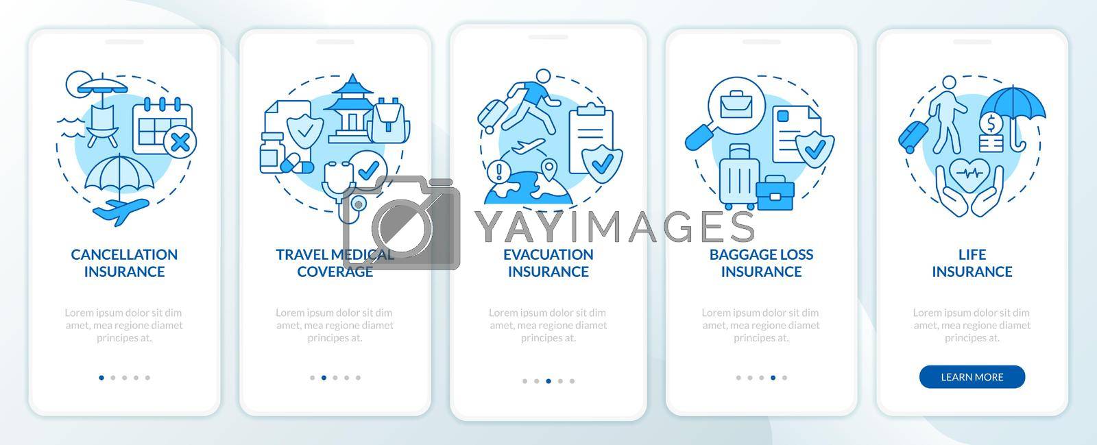 Travel insurance blue onboarding mobile app screen. Tourist coverage walkthrough 5 steps graphic instructions pages with linear concepts. UI, UX, GUI template. Myriad Pro-Bold, Regular fonts used