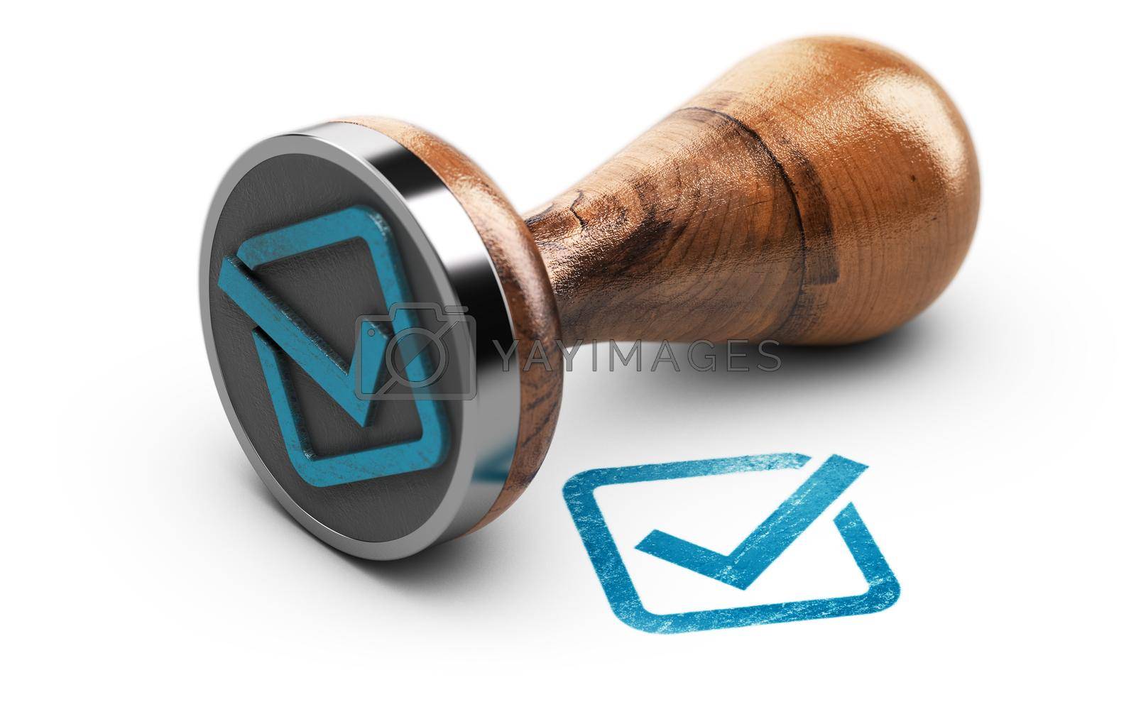 Blue check mark and rubber stamp over white background. 3d illustration.