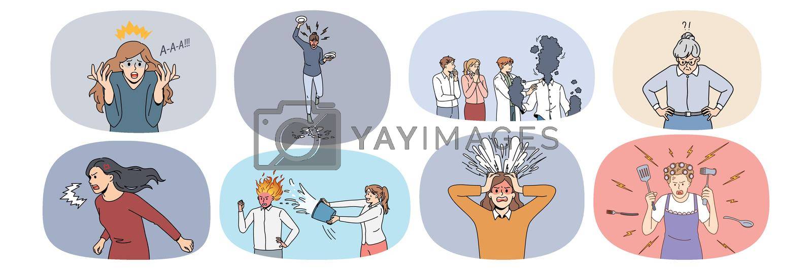Bundle of overwhelmed mad people show rage and fury unable to control emotions. Set of unhappy angry men and women feel furious suffer from stress shout and yell. Vector illustration.
